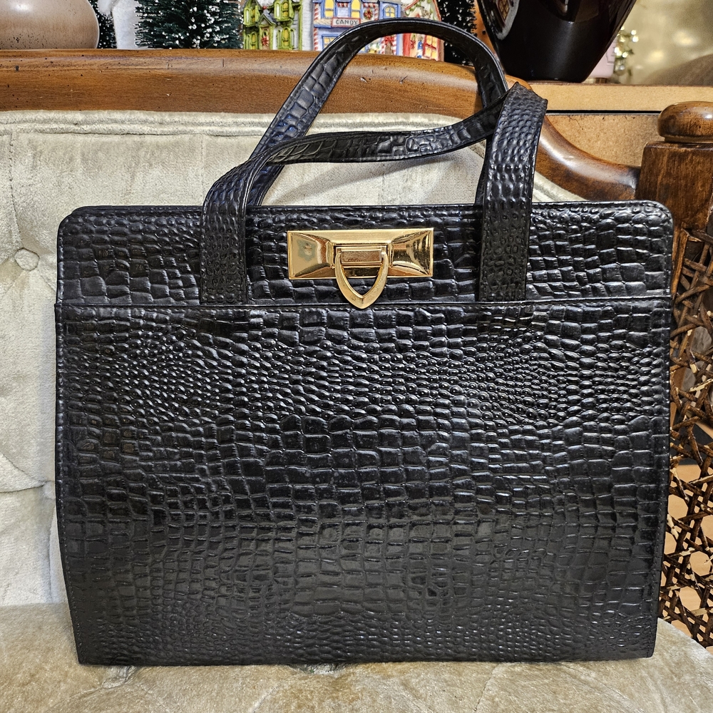 Elegant Black Patent Crocodile-Embossed  Bag